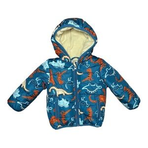 NWT Little Beginnings Dino Puffer Jacket 12M | Fleece Lined Hooded Toddler Coat